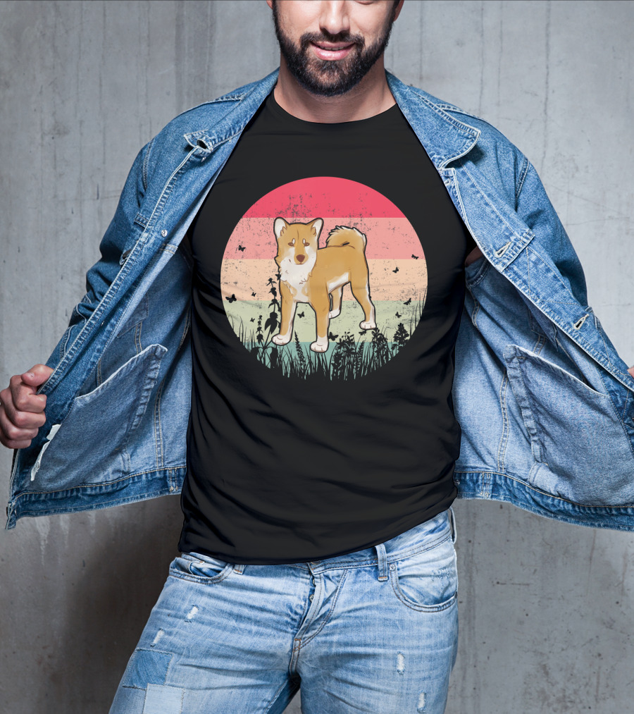 Akita Inu Vintage Retro Akit Circle Silhouette With Stripes And Butterflies T-Shirt