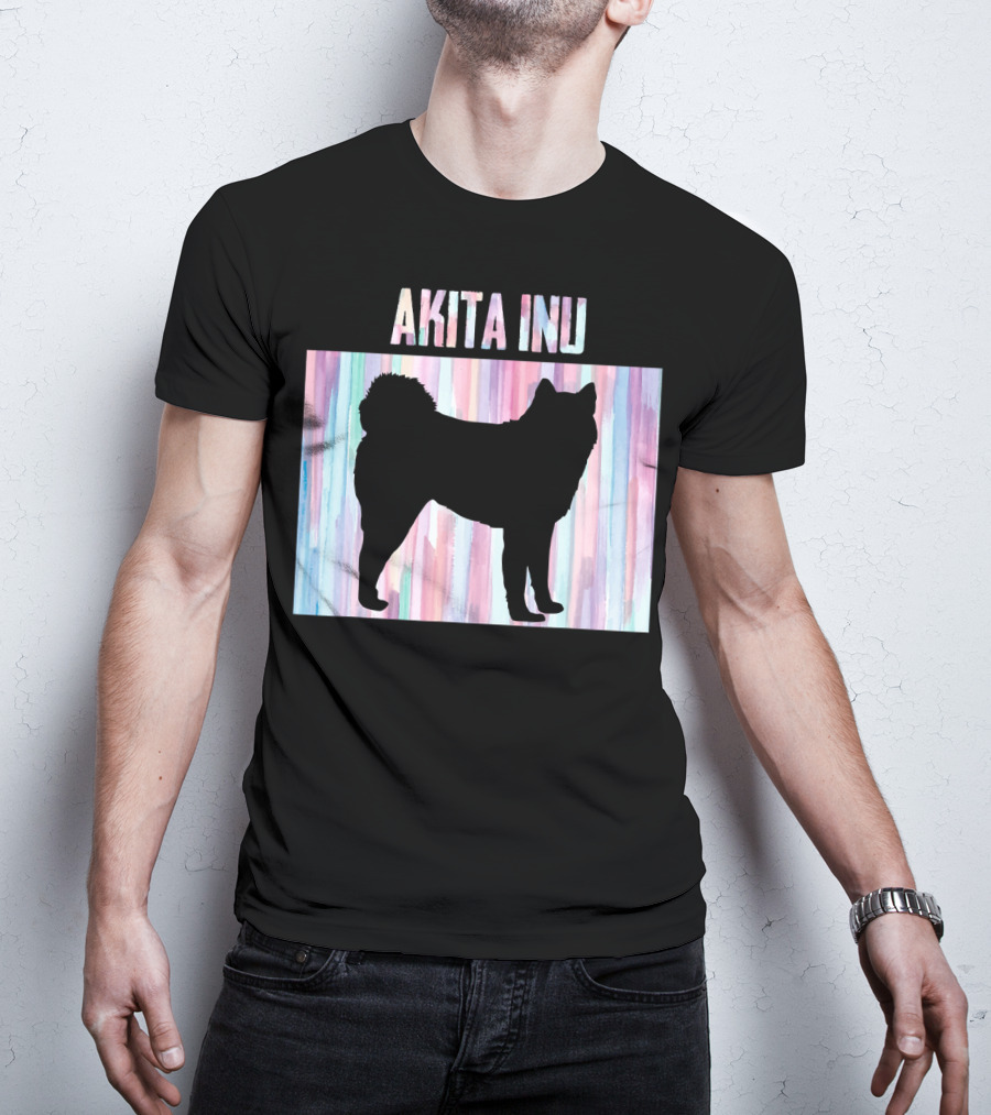 AKITA INU Silhouette On Pastel Watercolor Stripes T-Shirt
