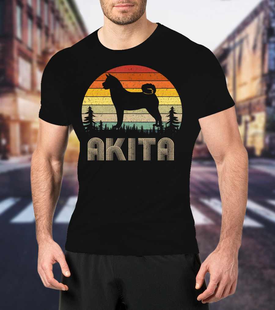 Akita Vintage Dog Retro 70's Forest Sunset T-Shirt