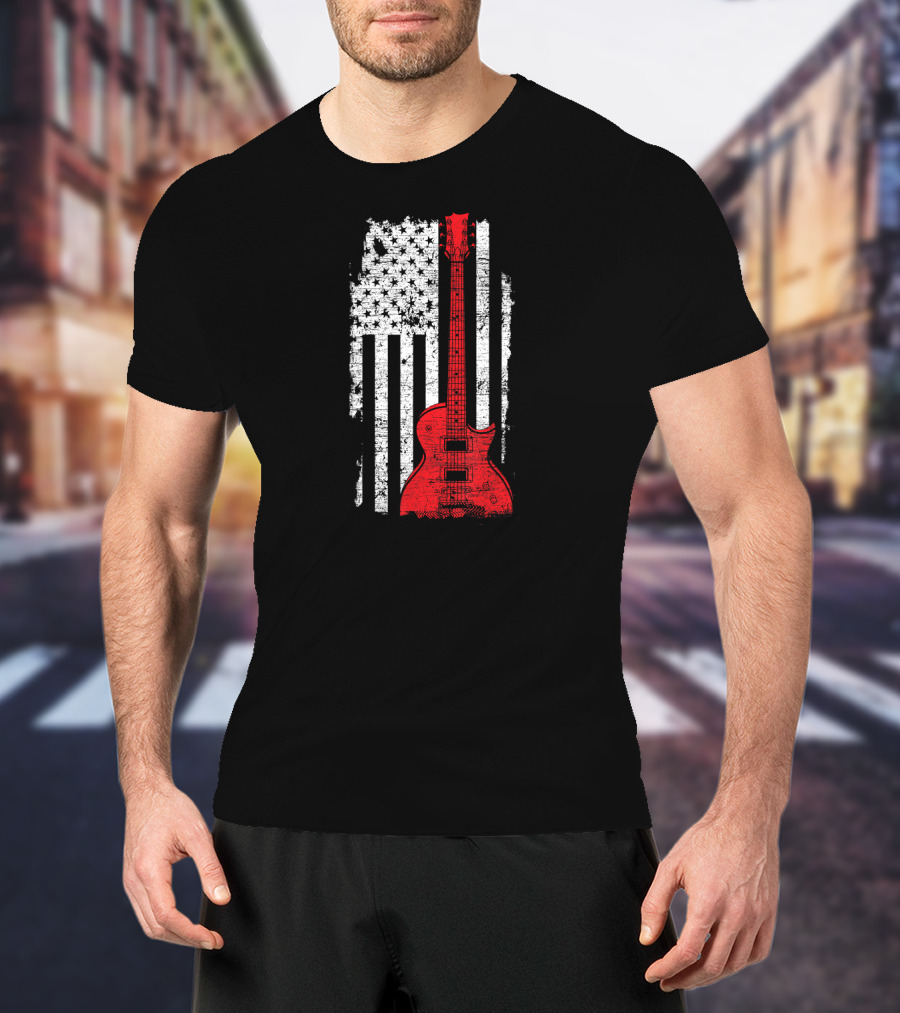 Red Guitar American Flag USA Music T-Shirt