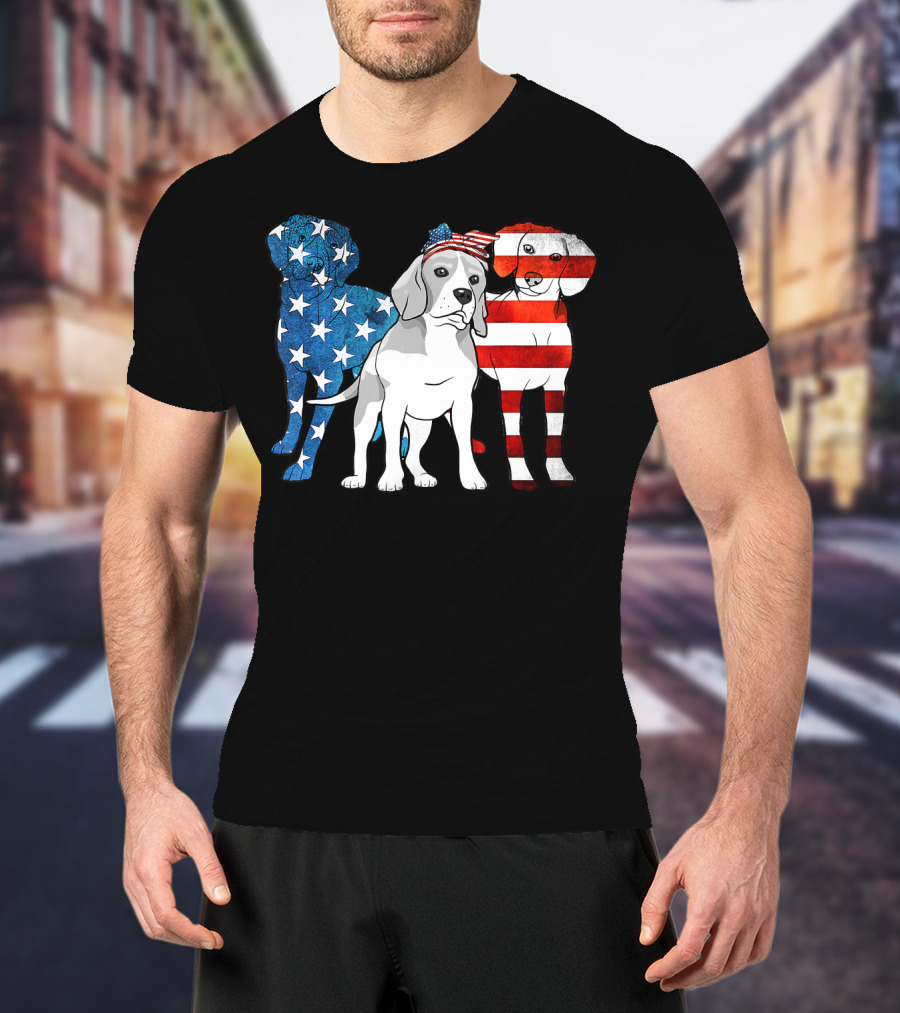 American Beagle Trio With Patriotic Stars And Stripes US Flag Motif T-Shirt