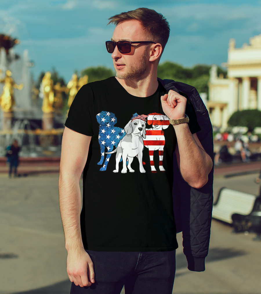 American Beagle Trio With Patriotic Stars And Stripes US Flag Motif T-Shirt