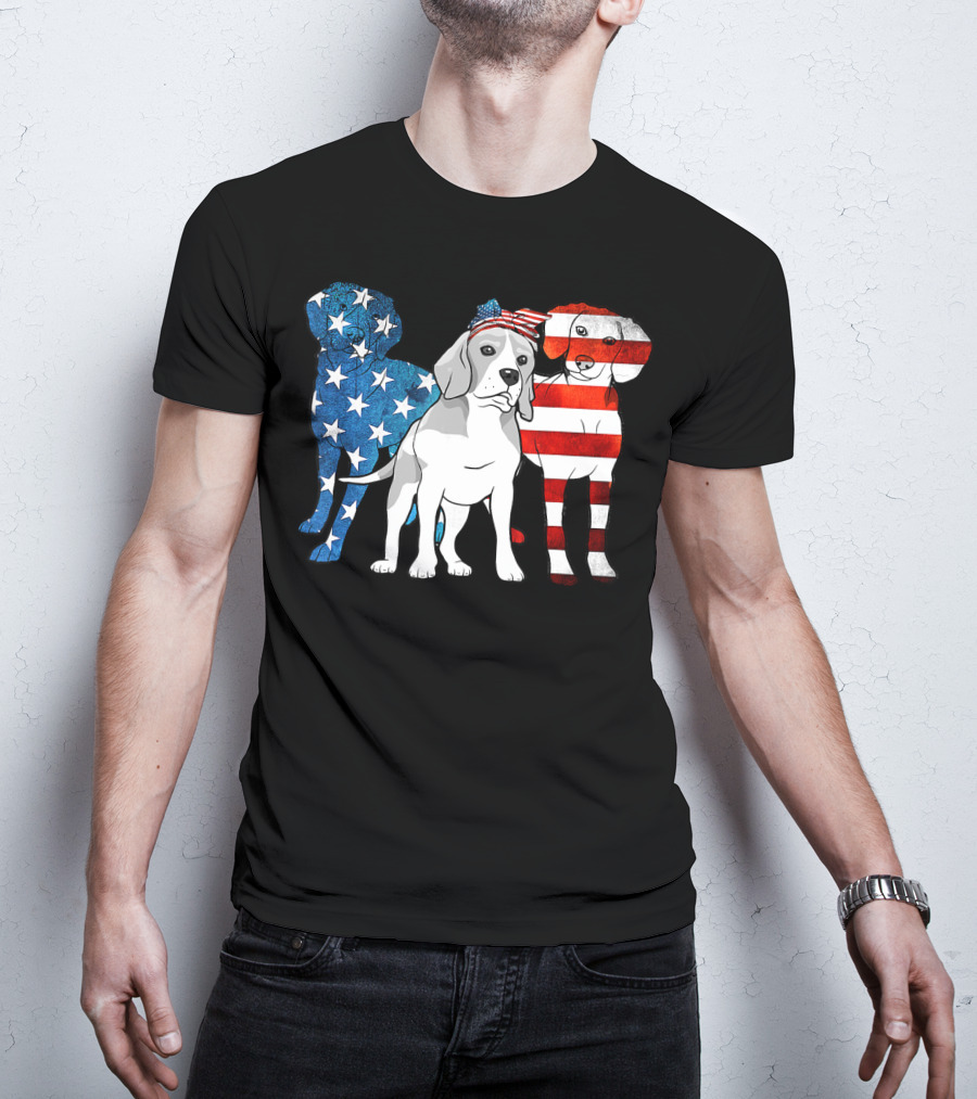 American Beagle Trio With Patriotic Stars And Stripes US Flag Motif T-Shirt