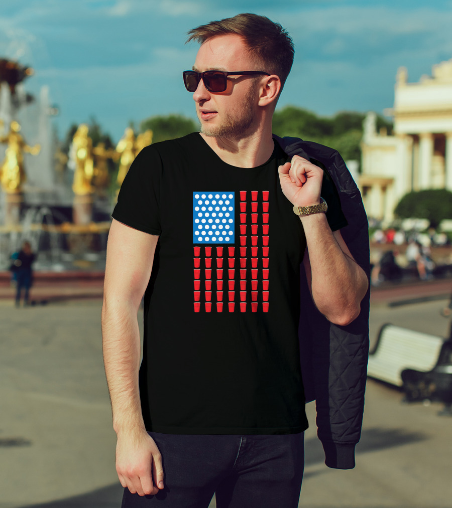 American Flag Beer Pong Red Cup Pattern Patriotic Party T-Shirt