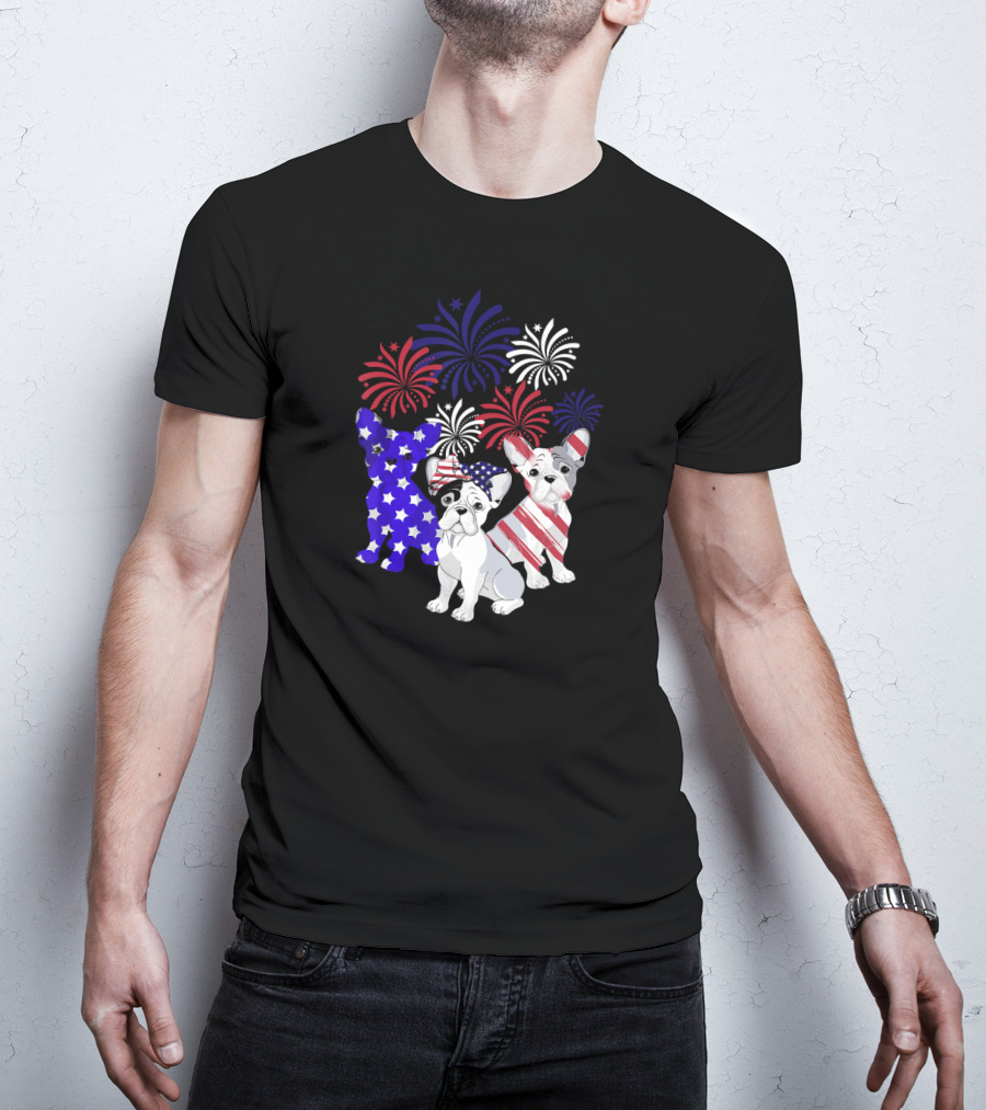 American Flag French Bulldog Fireworks T-Shirt