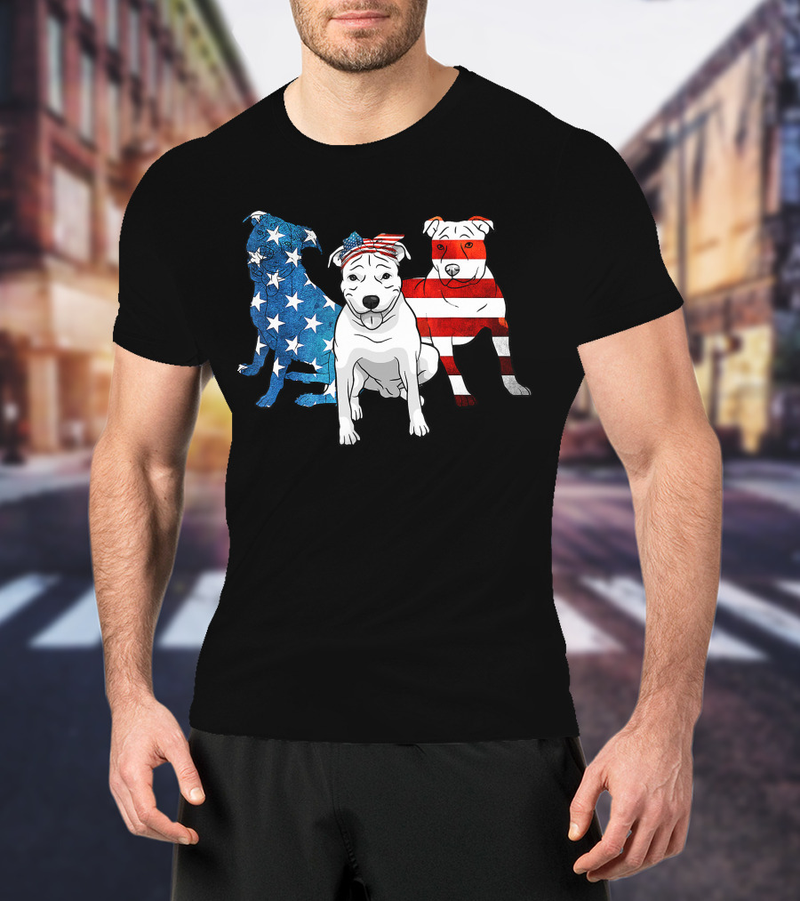 American Pitbull Trio With US Flag T-Shirt