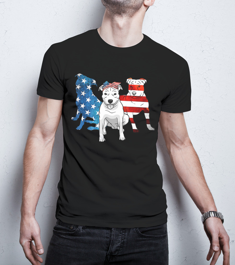 American Pitbull Trio With US Flag T-Shirt