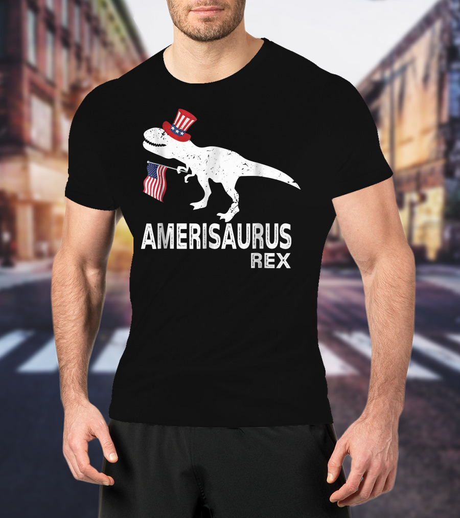 Amerisaurus Rex Patriotic Dinosaur With Uncle Sam Hat And American Flag T-Shirt