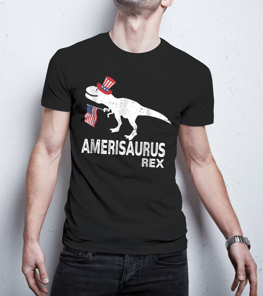 Amerisaurus Rex Patriotic Dinosaur With Uncle Sam Hat And American Flag T-Shirt