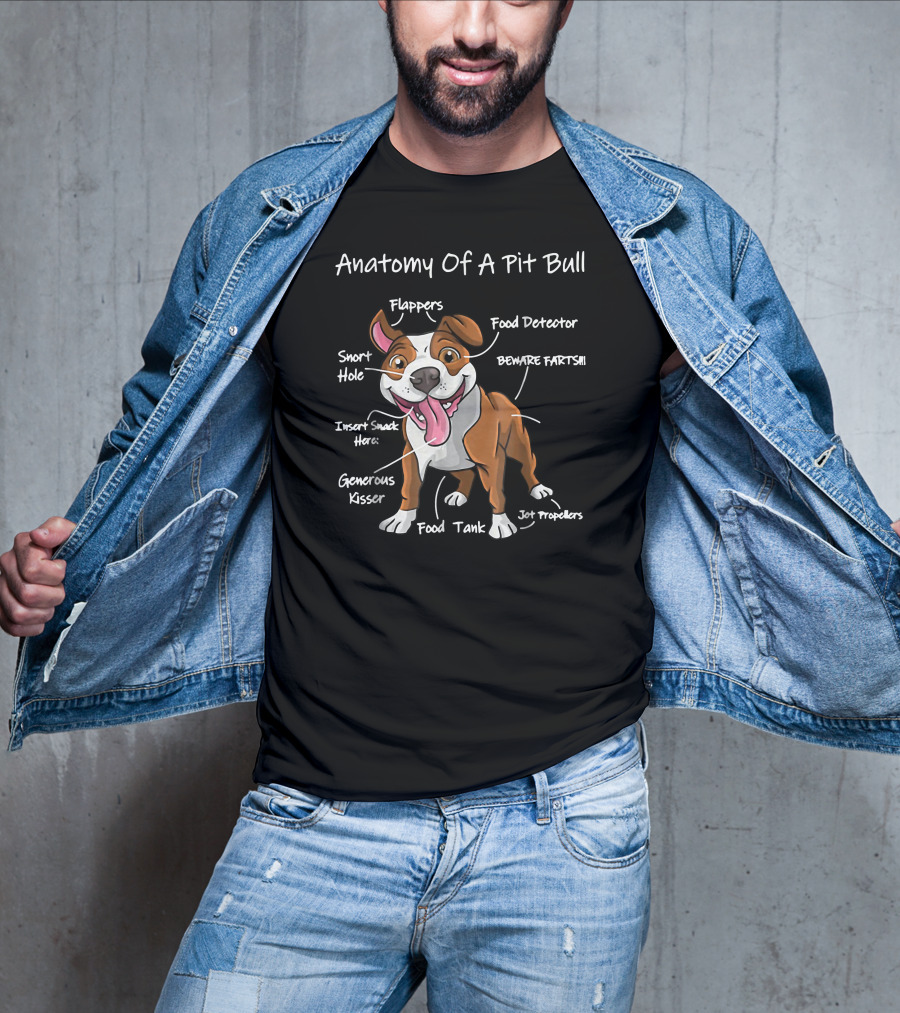 Anatomy Of A Pit Bull Funny Food Detector Flappers Snort Hole Beware Farts Generous Kisser Insert Snack Here Food Tank Jot Propellers T-Shirt