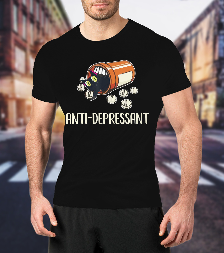 Anti-Depressant Funny Black Cat In Pill Bottle T-Shirt