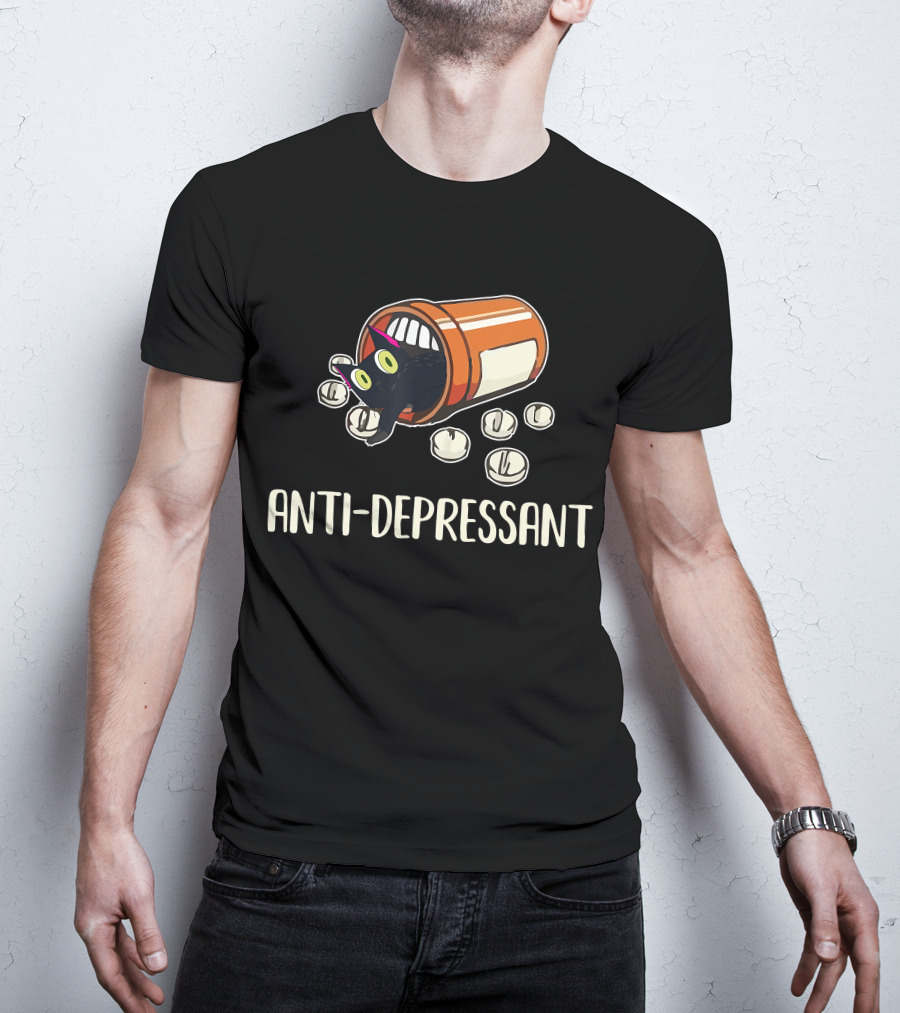 Anti-Depressant Funny Black Cat In Pill Bottle T-Shirt