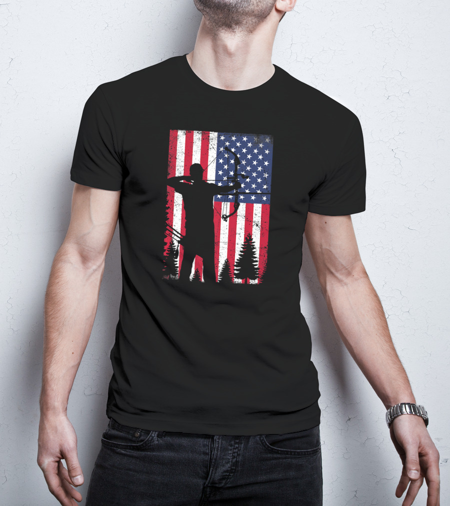 American Archery Bow Hunting Bow Hunter Silhouette USA Flag Background T-Shirt