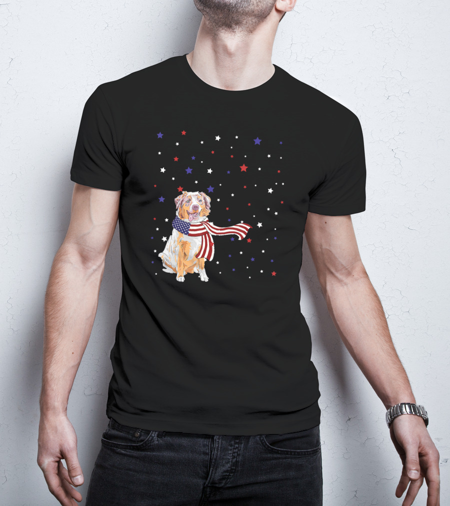 Australian Shepherd Dog With American Flag Scarf Surrounded By Stars T-Shirt