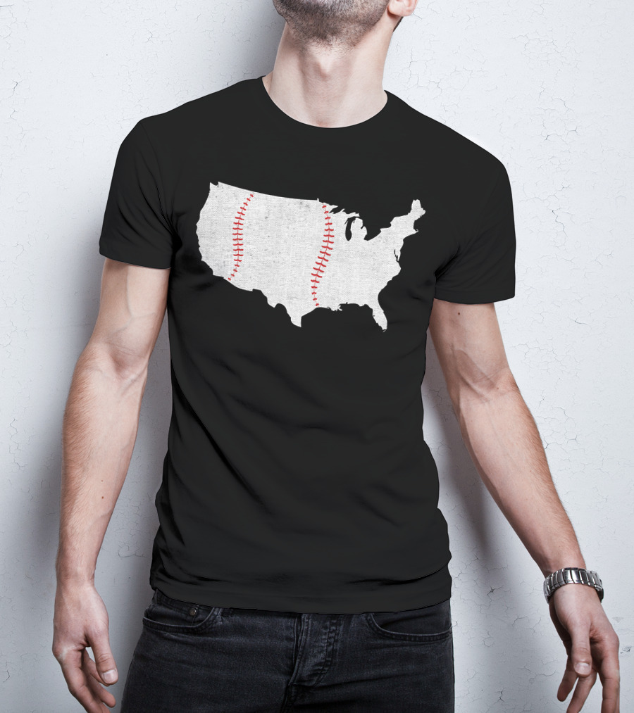 Baseball America's Pastime USA Map Stitching T-Shirt