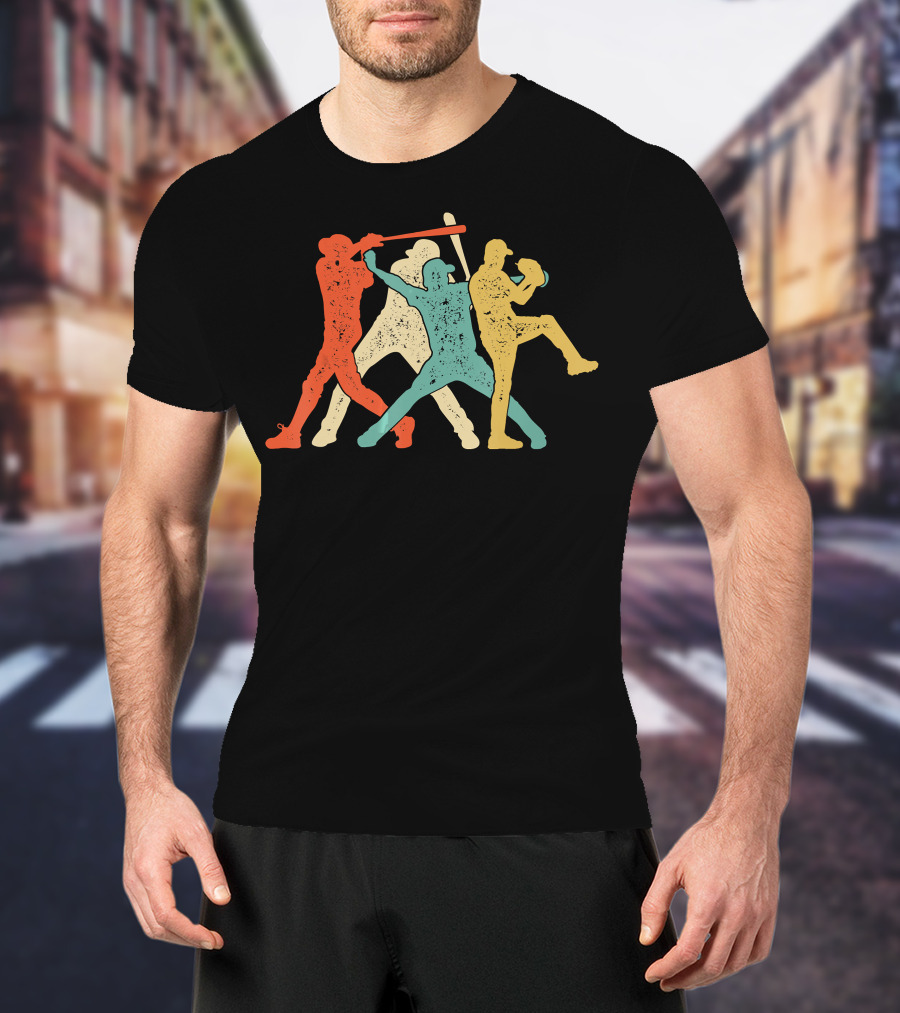Baseball Retro Vintage Catch Player Silhouettes Batter Pitcher Action Runners T-Shirt