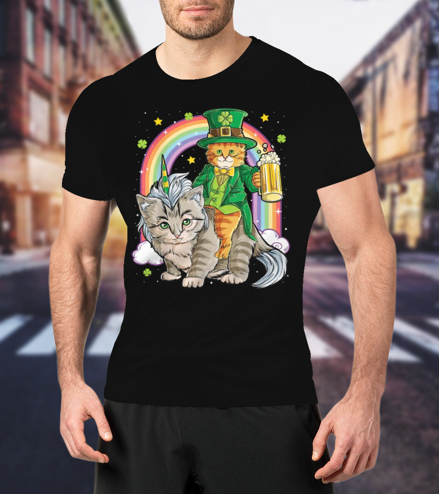 St. Patrick's Day Cat Riding Unicorn With Rainbow And Beer T-Shirt