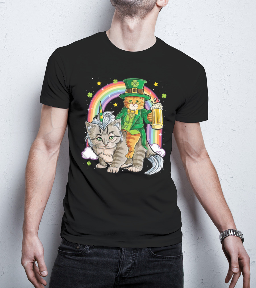St. Patrick's Day Cat Riding Unicorn With Rainbow And Beer T-Shirt