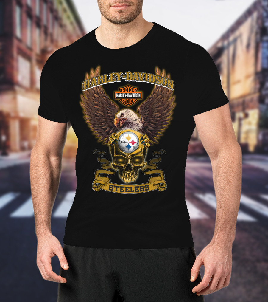 Harley Davidson Steelers Eagle And Skull With Pittsburgh Steelers T-Shirt