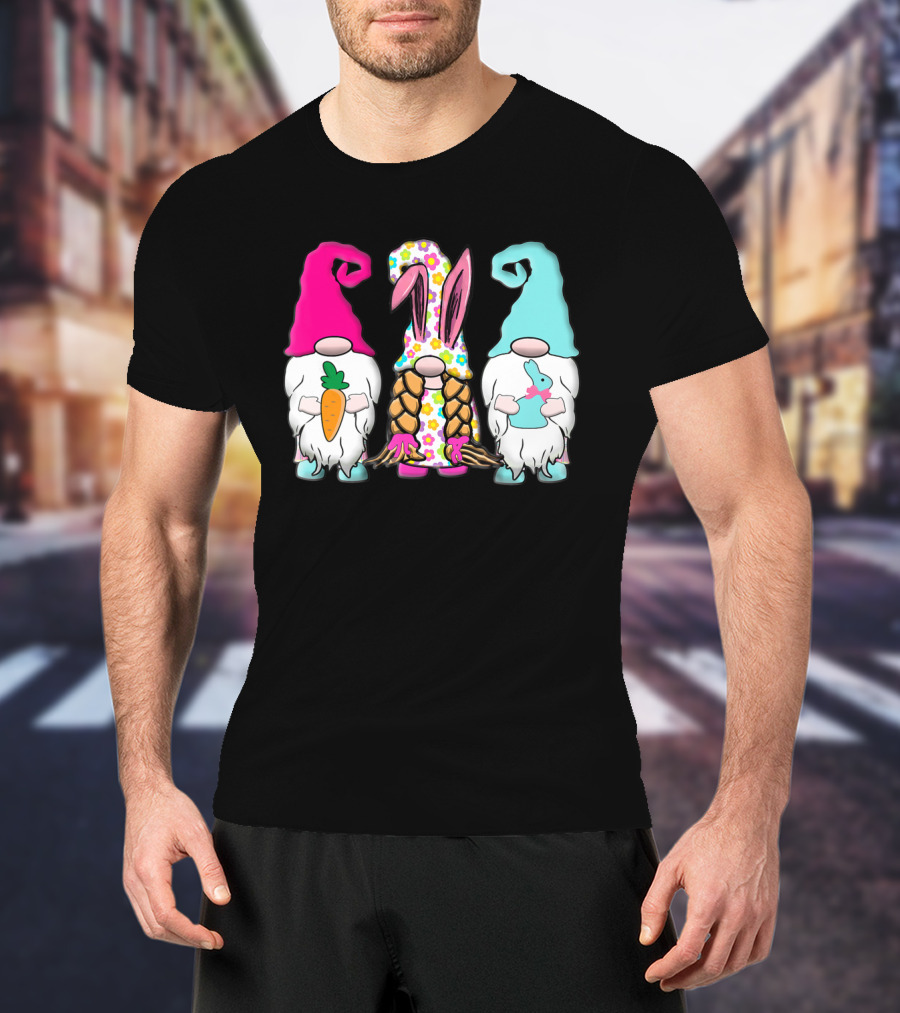 3 Easter Gnomes Pastel Spring Bunny Ears Rabbit Carrot Floral T-Shirt