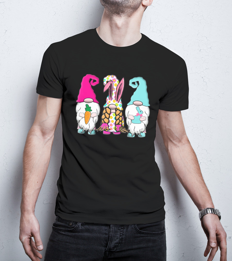 3 Easter Gnomes Pastel Spring Bunny Ears Rabbit Carrot Floral T-Shirt