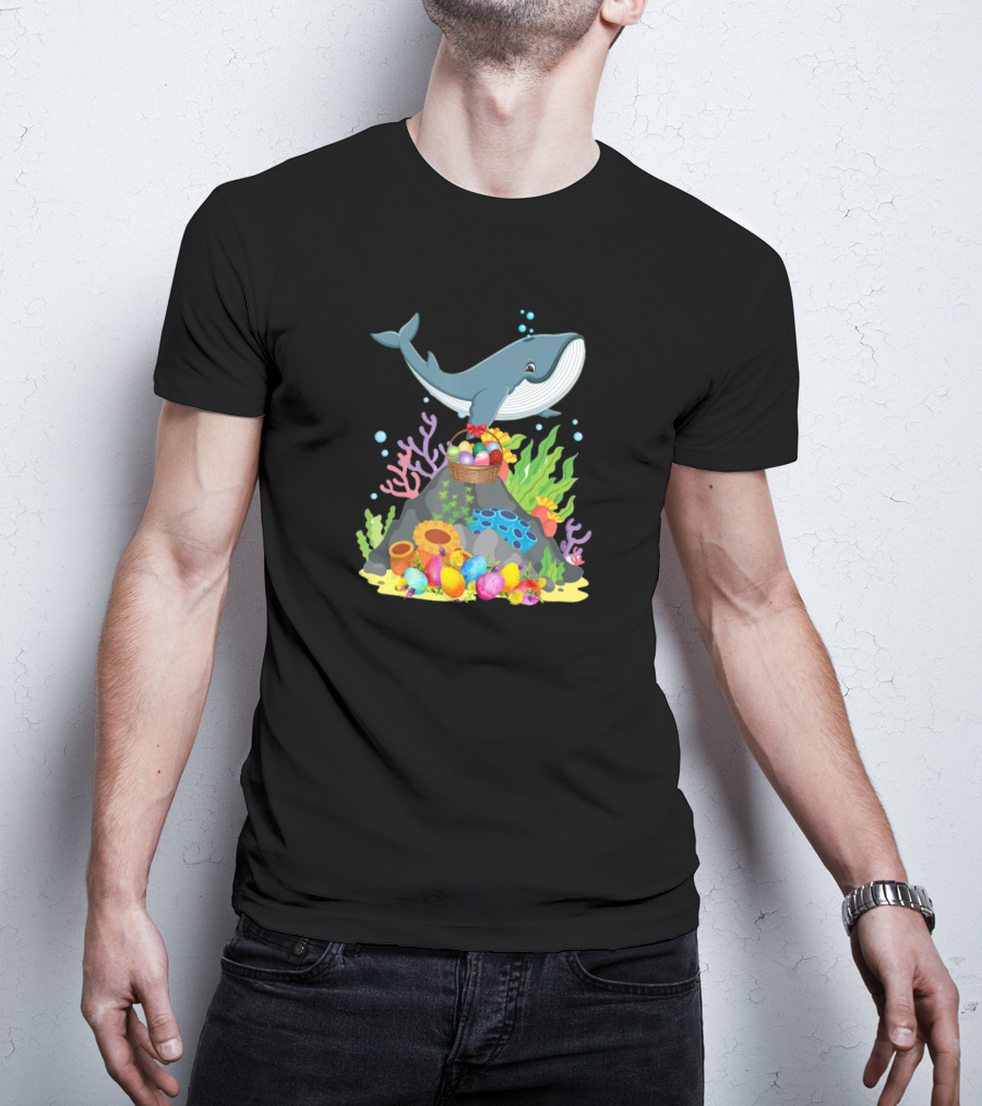 Whale Easter Day Funny Whale With Colorful Eggs And Coral Reef Scene T-Shirt