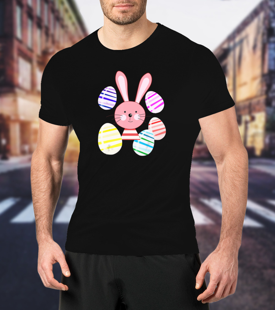 Happy Easter Bunny And Colorful Striped Easter Eggs T-Shirt