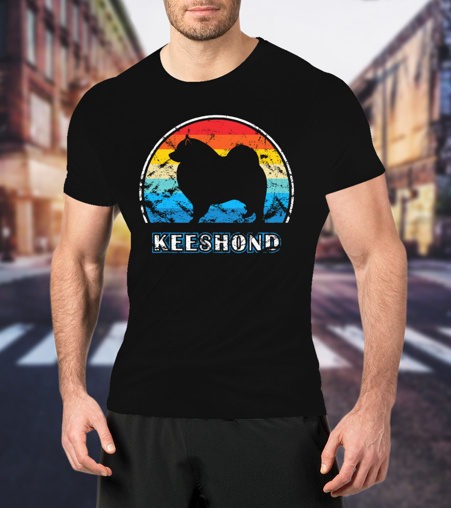 Keeshond Retro Silhouette Rainbow Stripes T-Shirt