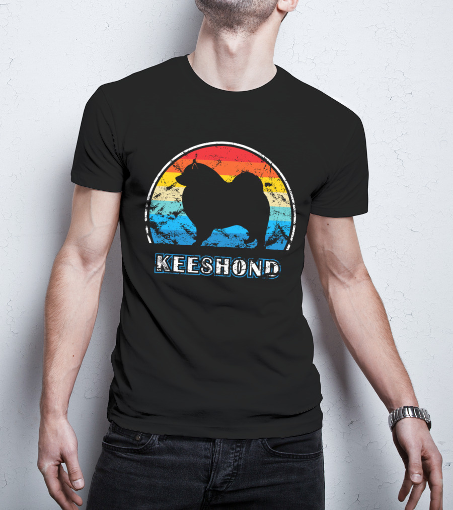 Keeshond Retro Silhouette Rainbow Stripes T-Shirt