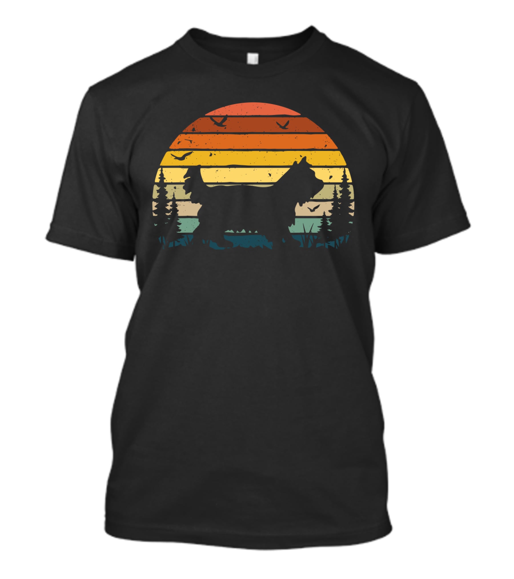 Yorkipoo Vintage Retro Sunset Silhouette With Birds And Trees T-Shirt
