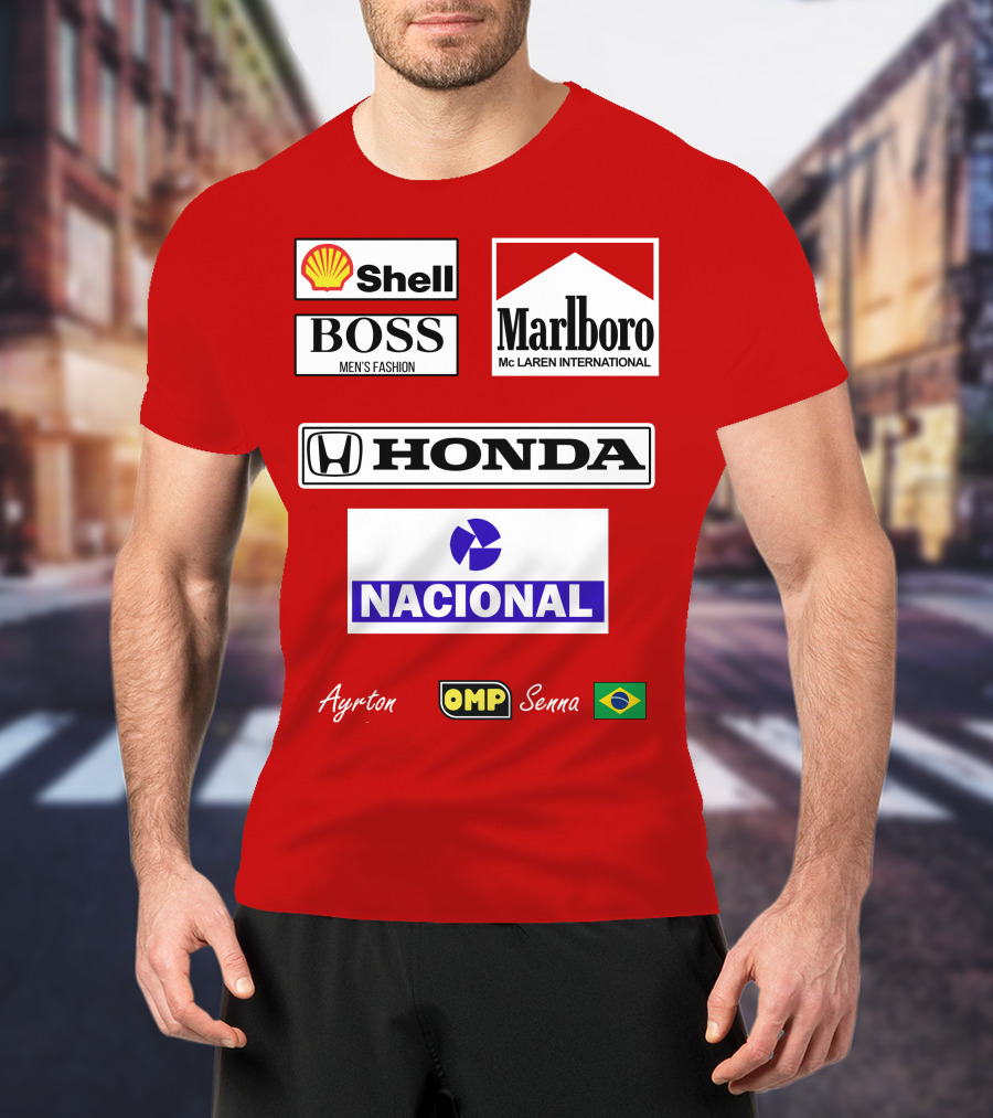 Shell Boss Marlboro McLaren Honda Nacional Ayrton Senna OMP Brazil Flag T-Shirt