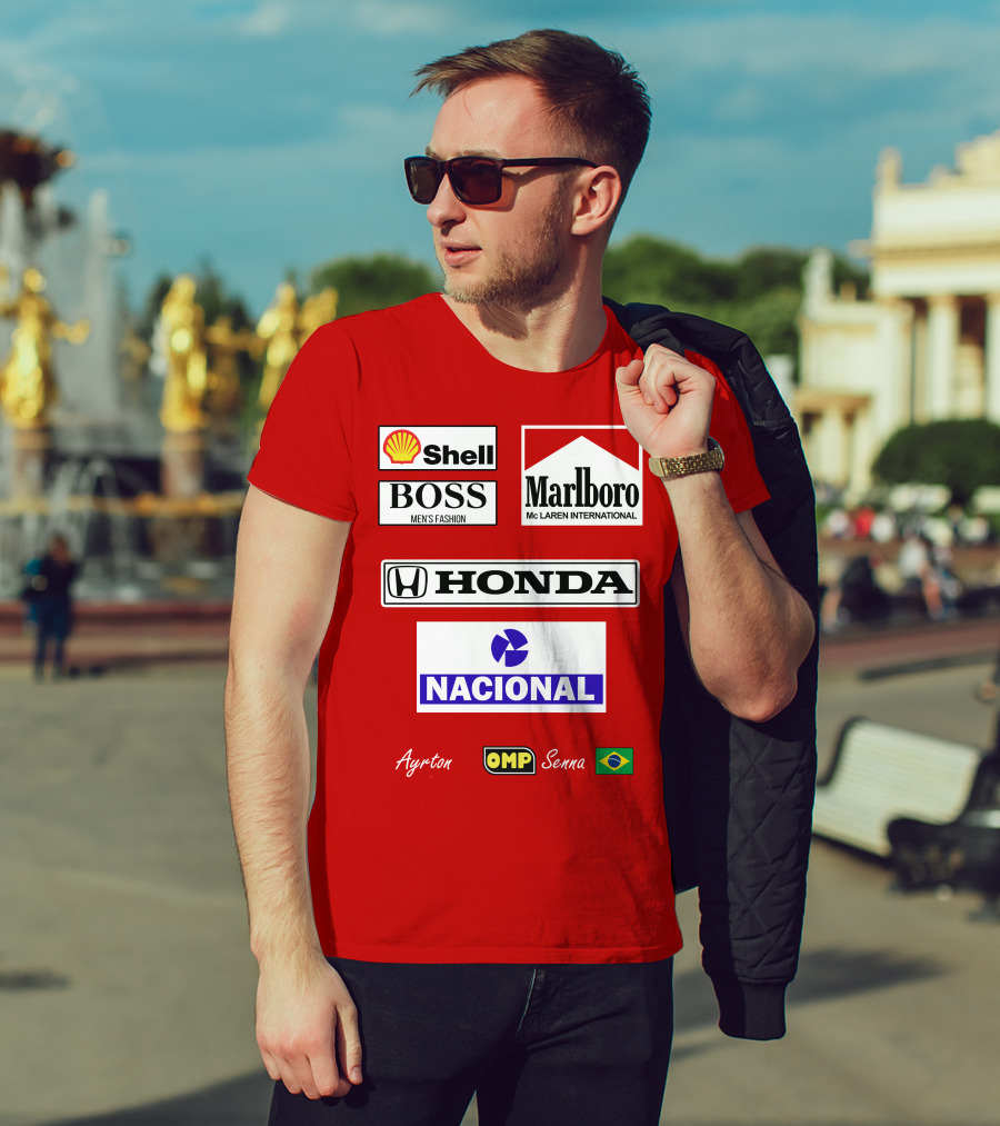 Shell Boss Marlboro McLaren Honda Nacional Ayrton Senna OMP Brazil Flag T-Shirt