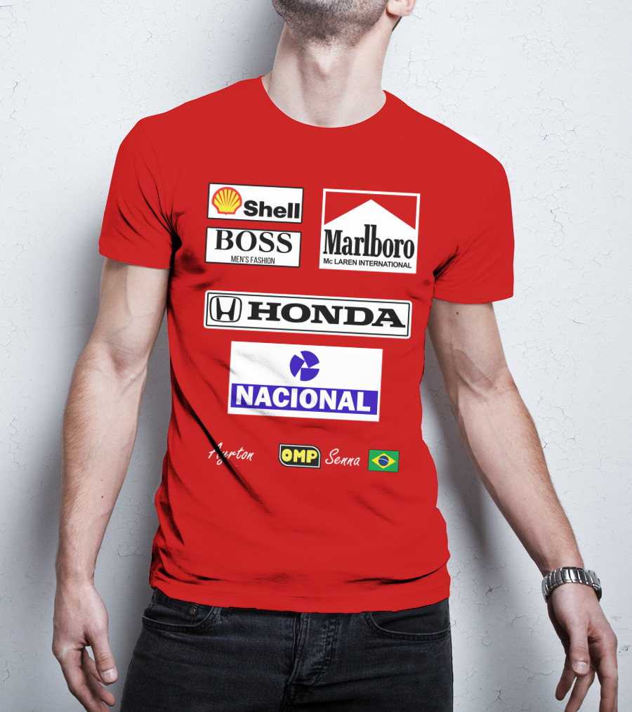 Shell Boss Marlboro McLaren Honda Nacional Ayrton Senna OMP Brazil Flag T-Shirt