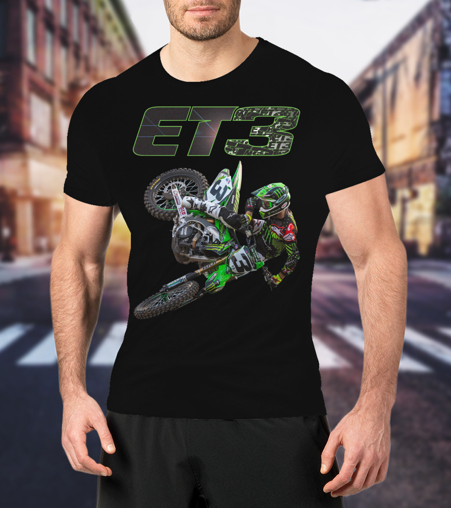 ET3 Motor Cross Rider In Action With Green Racing Gear T-Shirt