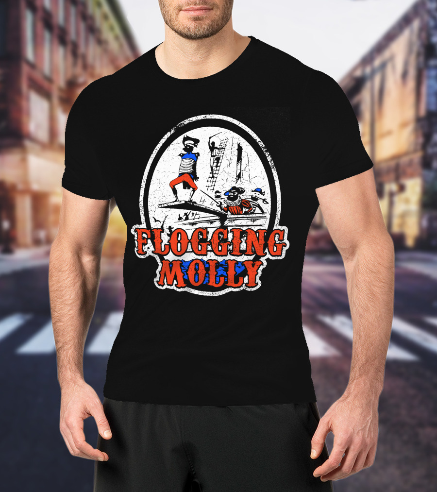 FLOGGING MOLLY Walk The Plank Pirate 7 Distressed Red And Blue T-Shirt