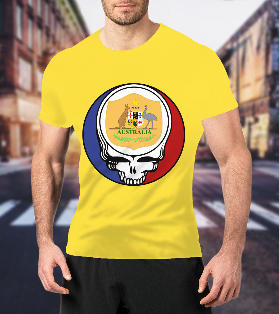 Australia National Football Team Grateful Dead Skull Emblem With Kangaroo And Emu Crest T-Shirt