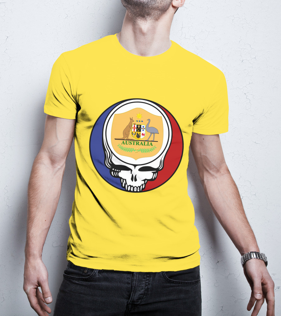 Australia National Football Team Grateful Dead Skull Emblem With Kangaroo And Emu Crest T-Shirt