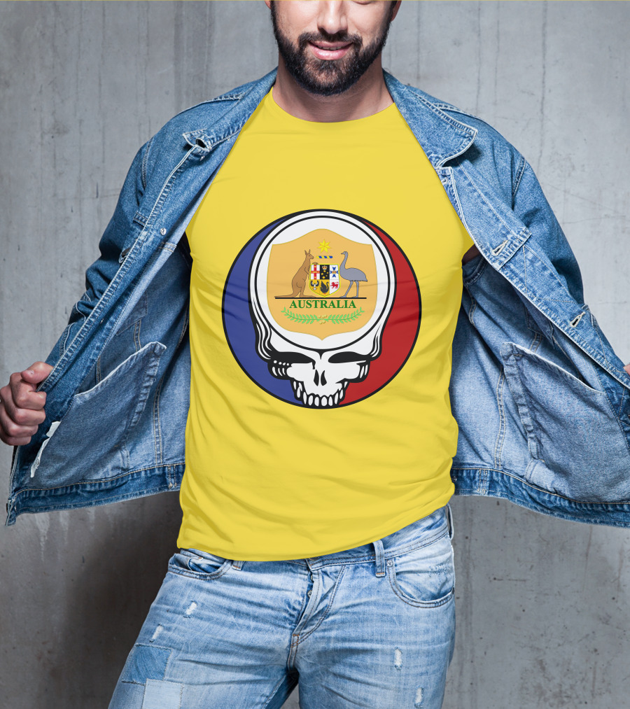 Australia National Football Team Grateful Dead Skull Emblem With Kangaroo And Emu Crest T-Shirt