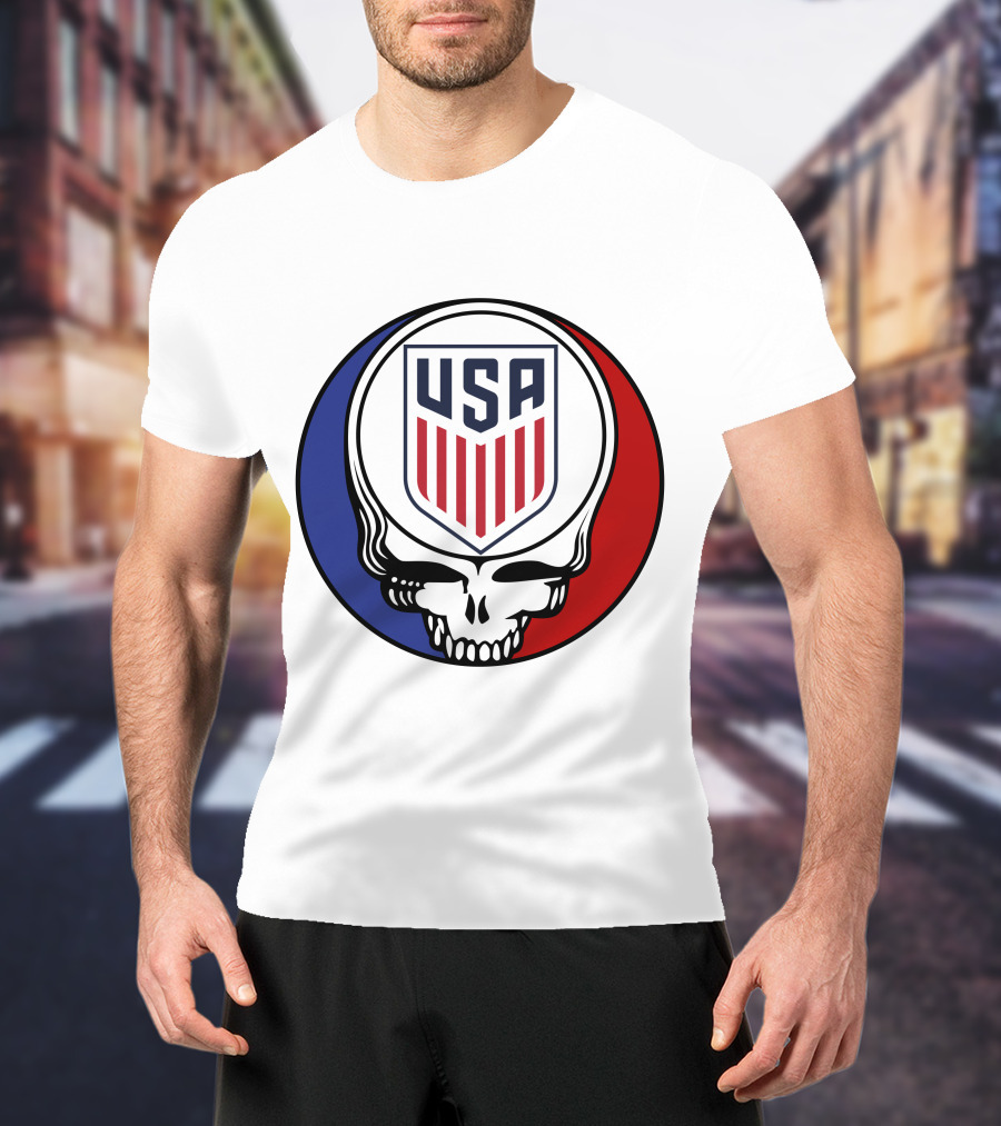 USA Soccer Grateful Dead Skull Logo Red Blue Badge T-Shirt