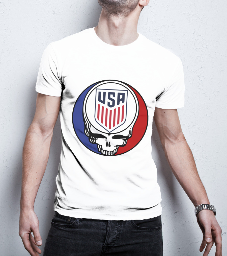 USA Soccer Grateful Dead Skull Logo Red Blue Badge T-Shirt