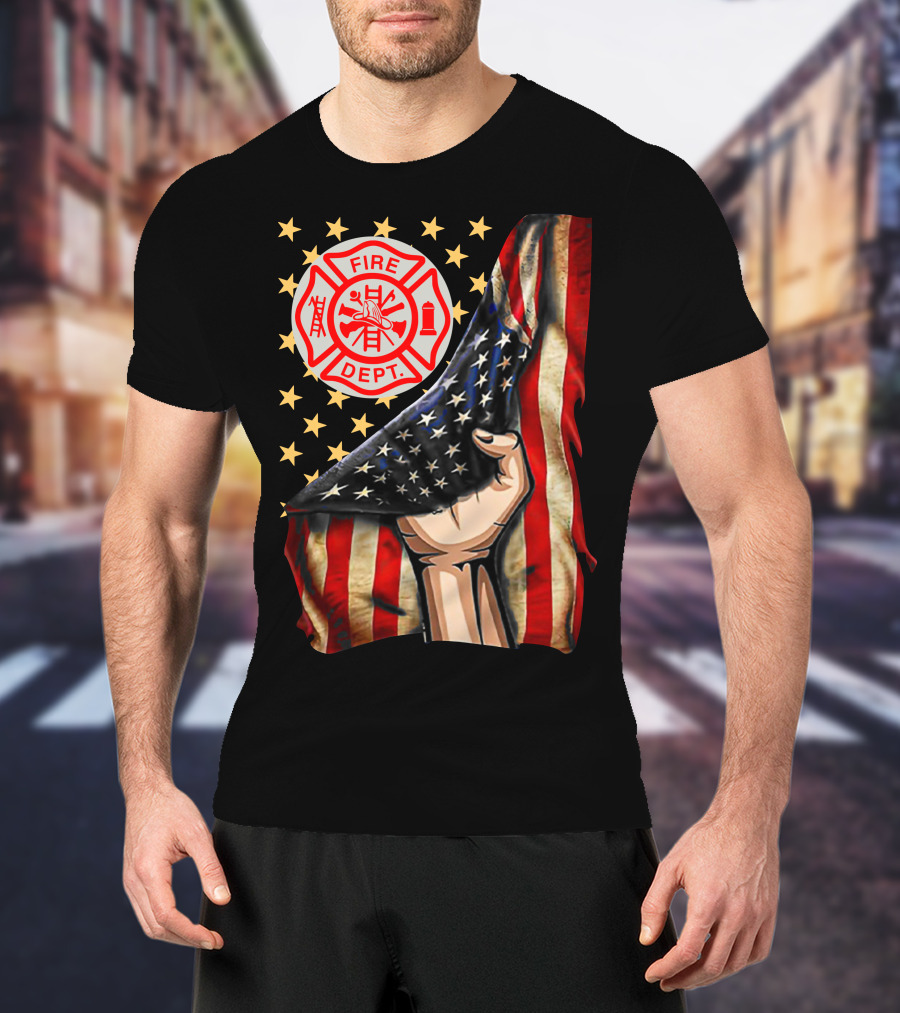 Fire Dept American Firefighter Flag Stars T-Shirt