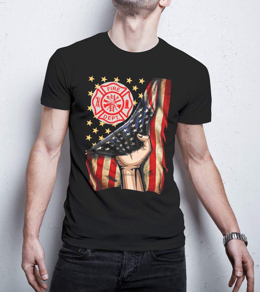 Fire Dept American Firefighter Flag Stars T-Shirt