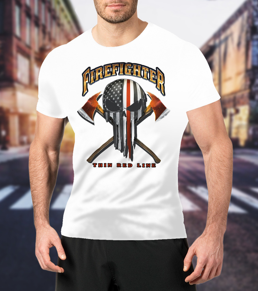 Firefighter Thin Red Line Punisher Skull American Flag Crossed Axes T-Shirt