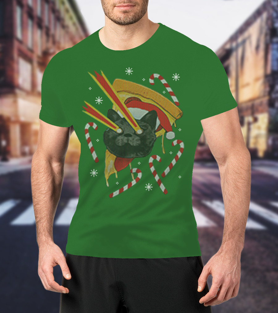Drax Christmas Jumpers Cat Laser Eyes Christmas Pizza Candy Canes T-Shirt