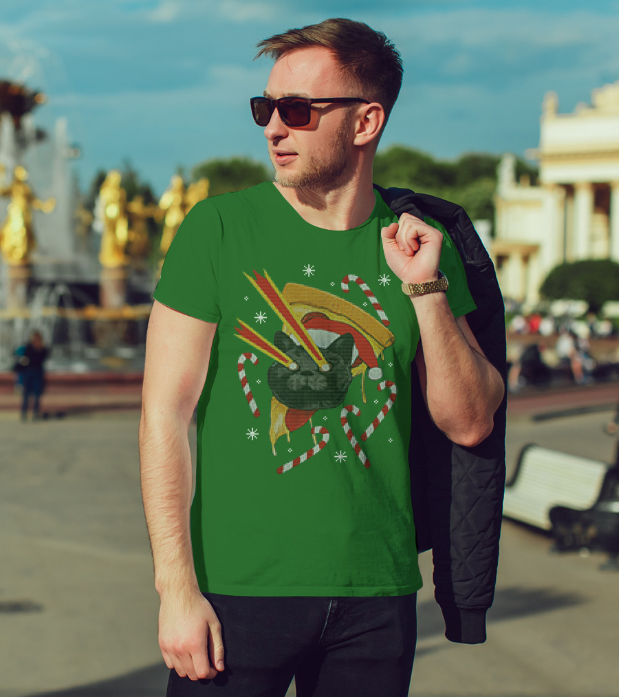 Drax Christmas Jumpers Cat Laser Eyes Christmas Pizza Candy Canes T-Shirt