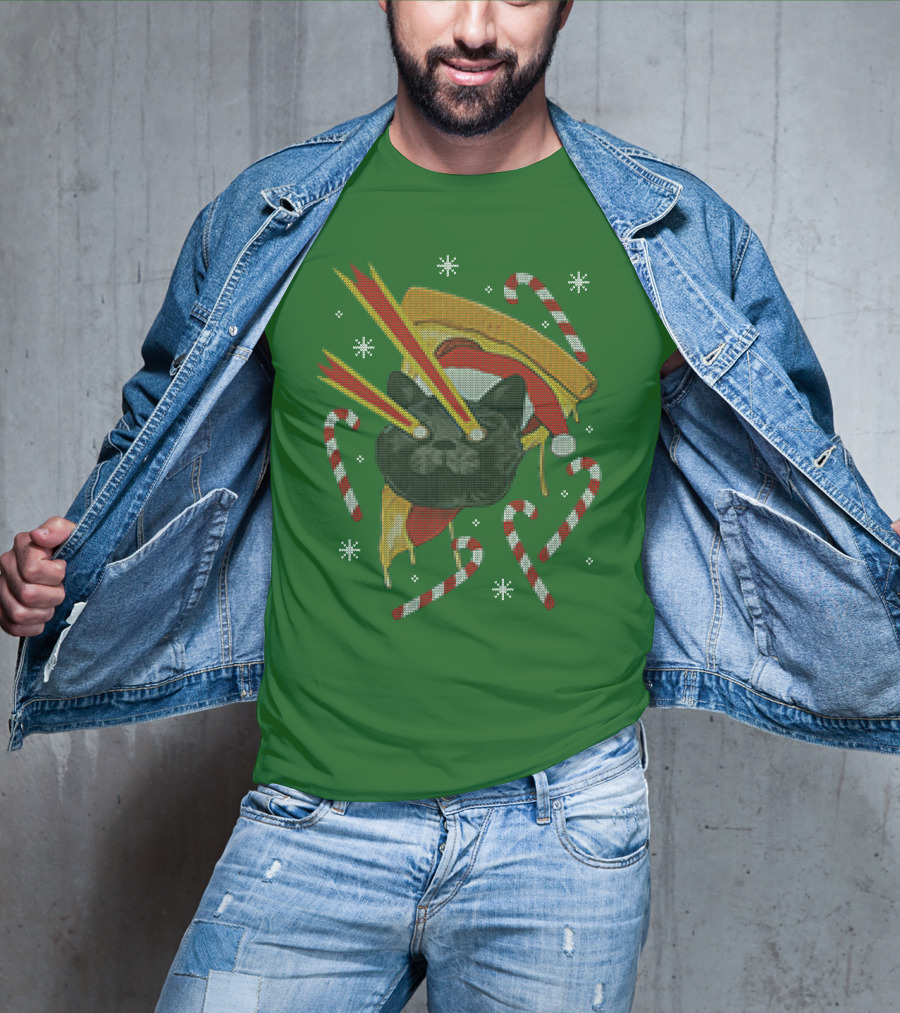 Drax Christmas Jumpers Cat Laser Eyes Christmas Pizza Candy Canes T-Shirt