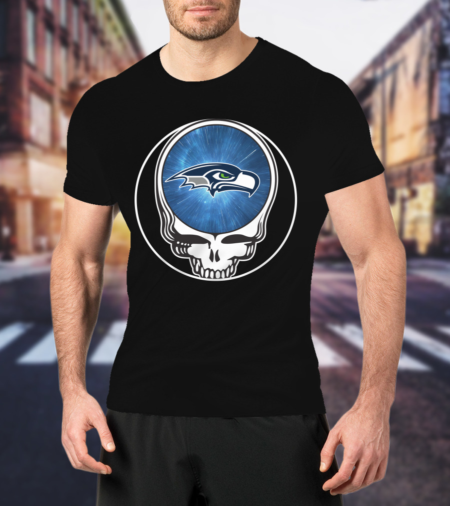 Seattle Seahawks Grateful Dead Styled Skull Emblem T-Shirt