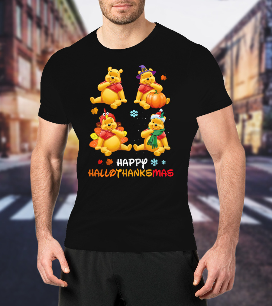 Happy Hallothanksmas Pooh Bear Seasonal Holiday Fun T-Shirt