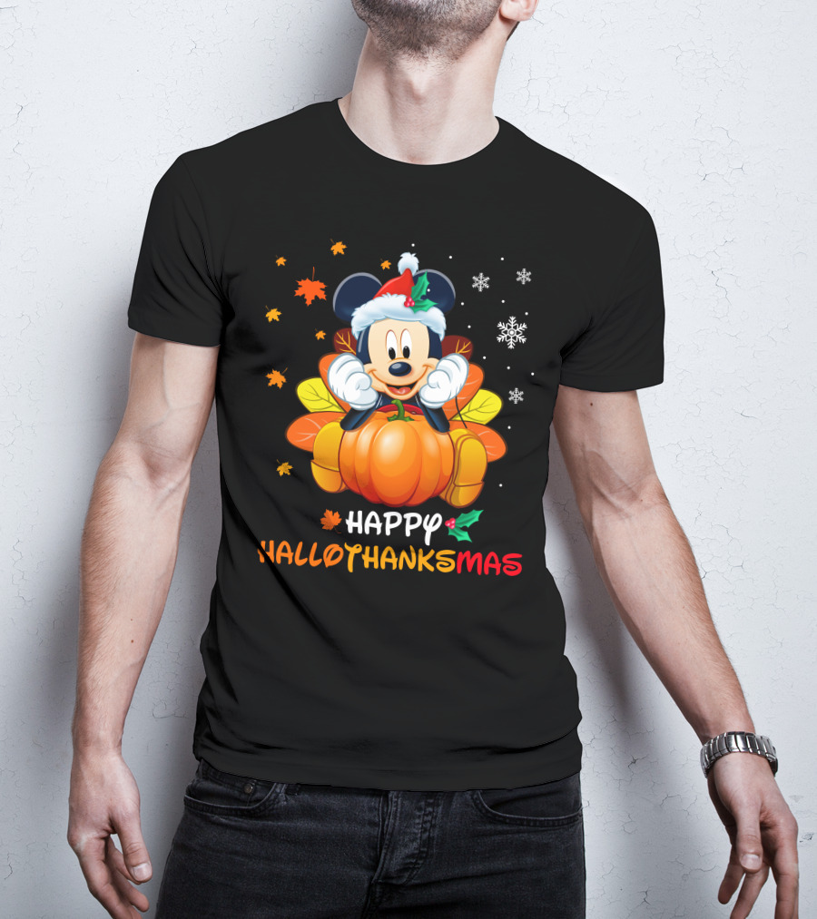 Happy Hallothanksmas Mickey Pumpkin Festive Leaves Snowflakes T-Shirt