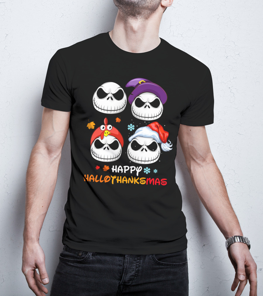 Happy HALLOTHANKSMAS Jack Skellington Faces With Witch Hat Turkey Hat Santa Hat Leaves Snowflakes T-Shirt